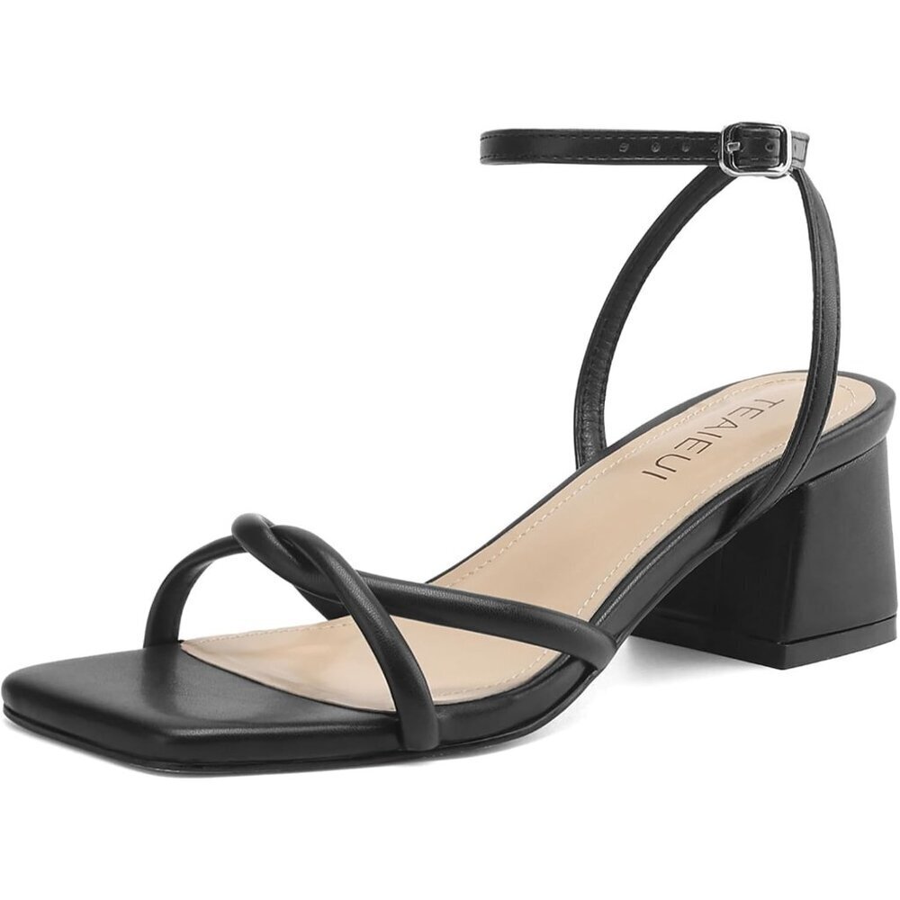 Women's Open Square Black Toe Chunky Block Sandals Chic Strappy Heels Shoes